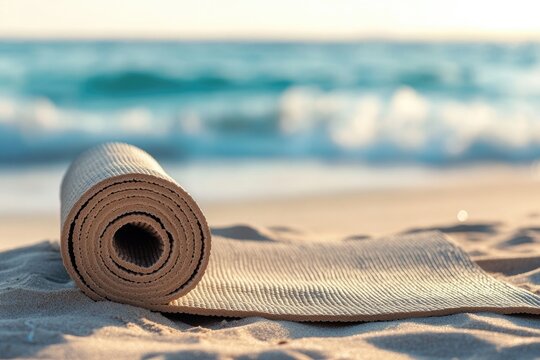 A yoga mat rests on sandy beach by the ocean, inviting relaxation and wellness in a serene coastal setting. - Powered by Adobe