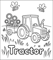 Cute Tractor Carrying Sunflowers with Bees Coloring Page for Kids