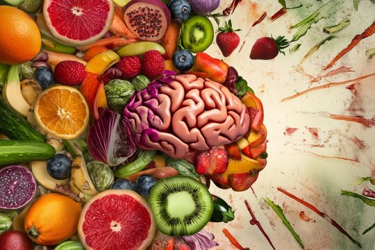 A creative blend of a brain intertwined with vibrant fruits and vegetables, Mind and nature fusion scene, Artistic style