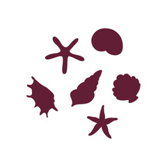 Hand drawn set of vector silhouettes of shells. Seashells, starfish and mussel collection. Sea creatures	