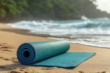 A turquoise yoga mat sits on a sandy beach with a blurry background of ocean waves and greenery.