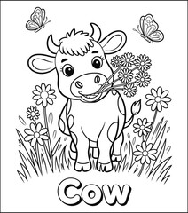 Obraz premium Cute Cartoon Cow with Flowers and Butterflies Coloring Page for Children