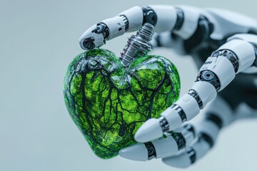 A robotic hand gently cradles a vibrant, green, bio-engineered heart, symbolizing the future of medicine and technology's role in organ regeneration.