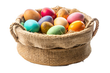 Naklejka premium Rustic Woven Basket with Colorful Easter Eggs – Festive Spring Decor