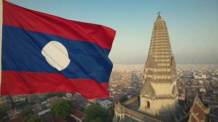 Laos flag flutters over city on stunning sunny day
