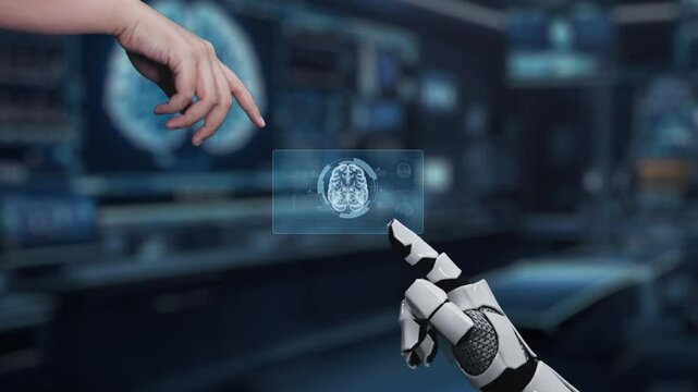 Robot and human reaching hand and pointing finger with brain icon floating. Close up of robotic hand and human working together while pointing finger with blurring laboratory background. Salubrious.