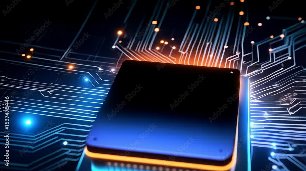 Aufkleber depiction of an electronic microchip processor connected with glowing blue circuits in a dark futuri