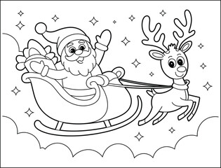 Santa Claus in Sleigh with Reindeer Coloring Page for Kids