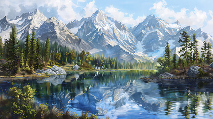 Mountain lake landscape painting reflecting snow capped peaks