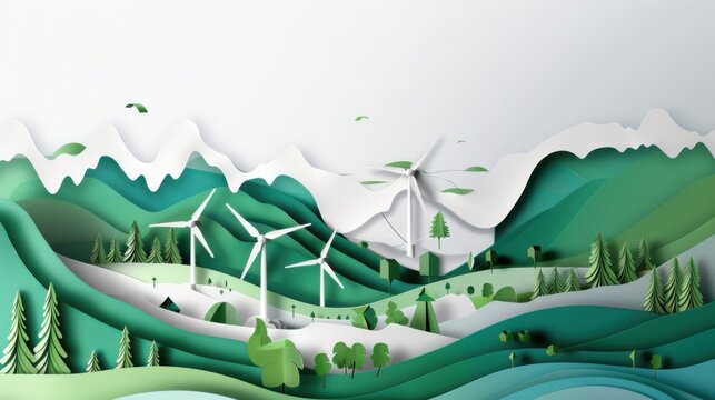 A creative depiction of diverse renewable energy sources, such as wind turbines and hydroelectric dams, harmoniously integrated into a natural landscape against a clear white sky