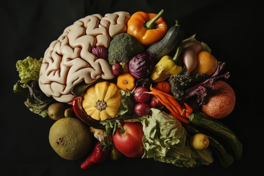A creative fusion of a human brain and various fruits and vegetables, representing the nourishment and complexity of thoughts, Brain and fruits/vegetables scene