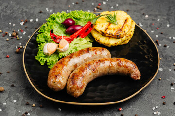 juicy golden grilled barbecue meat with spices on dark background