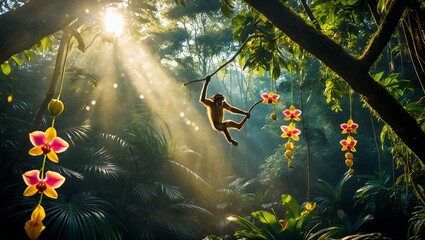 Obraz premium Monkey swinging from jungle vine with sun rays and orchid flowers