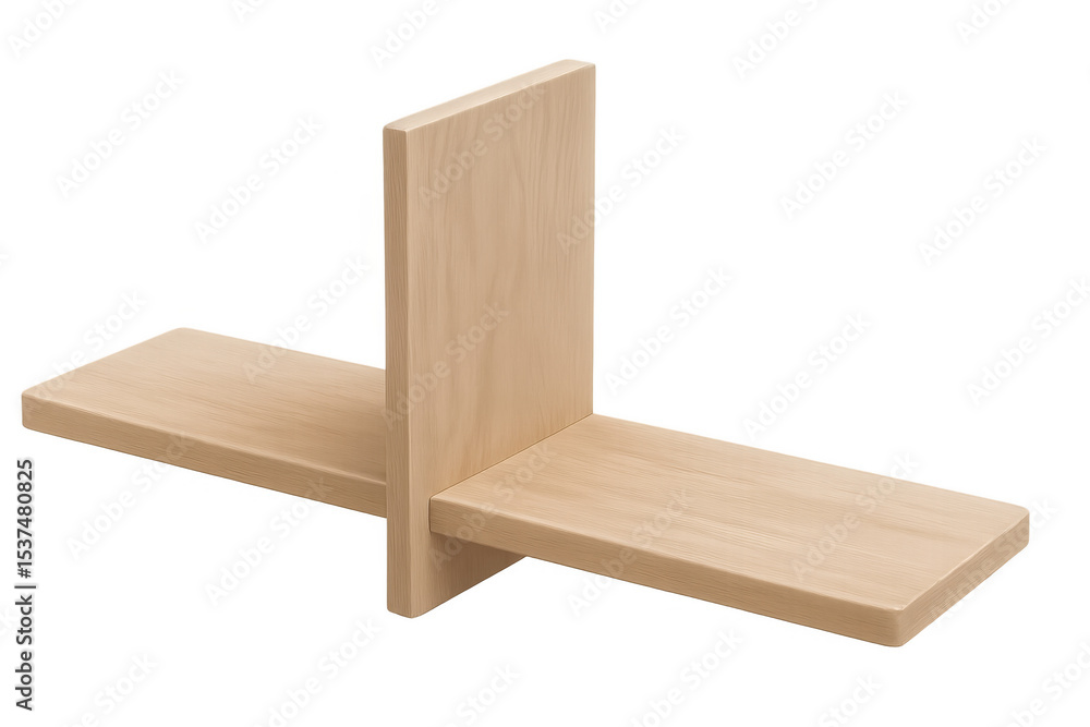 Poster minimalist wooden shelf floating against clean transparent backdrop, displaying products with sleek 