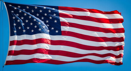 Obraz premium Vibrant American flag waving gracefully against a brilliant clear blue sky. This iconic symbol of patriotism, freedom, and national pride is perfect for Fourth of July, Memorial Day, and national