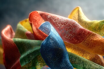 Close-up of vibrant, flowing Tibetan prayer flags, each patterned with intricate scripts in various colors: red, blue, green and yellow.