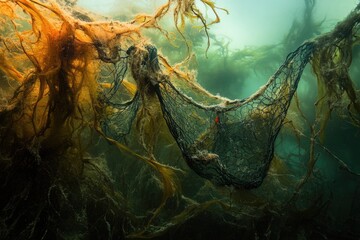 A ghostly abandoned fishing net drifts underwater, entangled with seaweed and marine debris in murky, dreamlike depths.