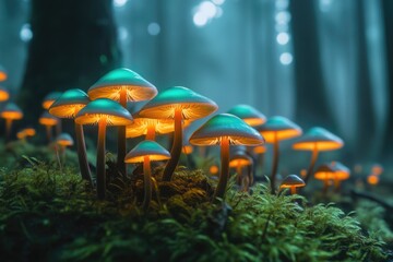 Glowing mushrooms illuminate a misty forest floor, creating a magical and ethereal atmosphere in the twilight.