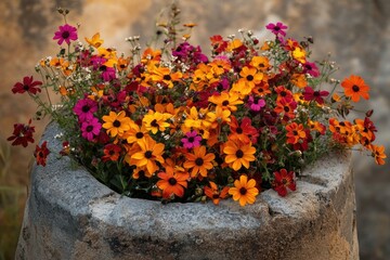 A vibrant array of colorful flowers, including orange, red, and purple, arranged in a rustic stone container, bursting with life.