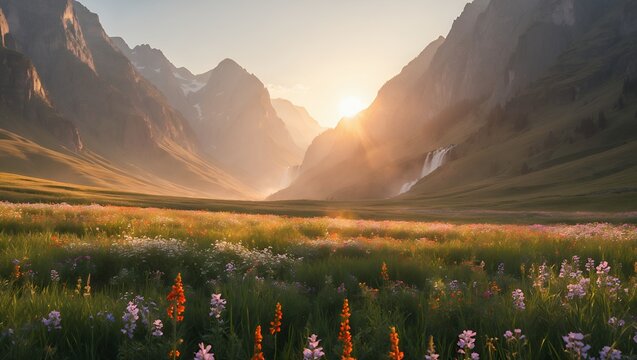 Idyllic Mountain Valley at Sunset with Flowers and Flowing Waterfalls - Powered by Adobe