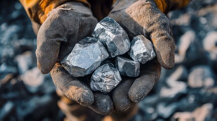 Gloved Hands Holding Raw Metal Ore, Mining, Metallurgy mineral extraction, industrial material