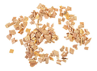 Handful of wooden chips for smoking meat and fish isolated on a white background, top view.