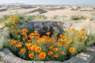 A vibrant patch of orange poppies blooms in a desert landscape, contrasting with the distant sand dunes and clear blue sky.
