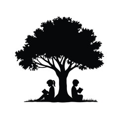 Silhouette of two children reading books under a large tree outdoor reading summer reading kids reading nature education literacy