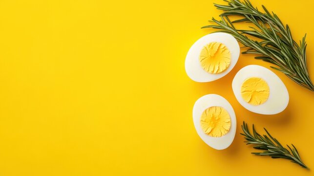 Three halved hard-boiled eggs on a bright yellow background, garnished with sprigs of rosemary