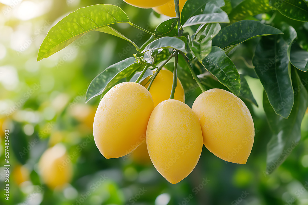 Poster close-up of bright yellow fruits hanging on a tree branch with green leaves, illuminated by sunlight