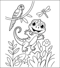 Fototapeta premium Cute Cartoon Lizard with Parrot and Dragonfly Coloring Page Illustration