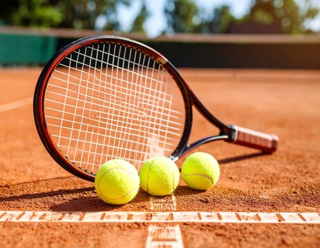 Raqueta y pelotas de tenis sobre cancha de arcilla