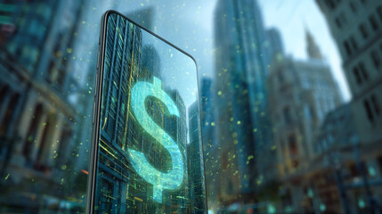 Smartphone display shows glowing dollar sign against blurred city backdrop, symbolizing mobile finance, online banking, and urban commerce