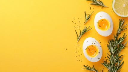 Two halved hard-boiled eggs with rosemary sprigs and lime slice on a vibrant yellow background