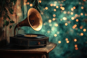 Vintage gramophone with a vinyl record sits on a wooden table with soft bokeh lights in the background.