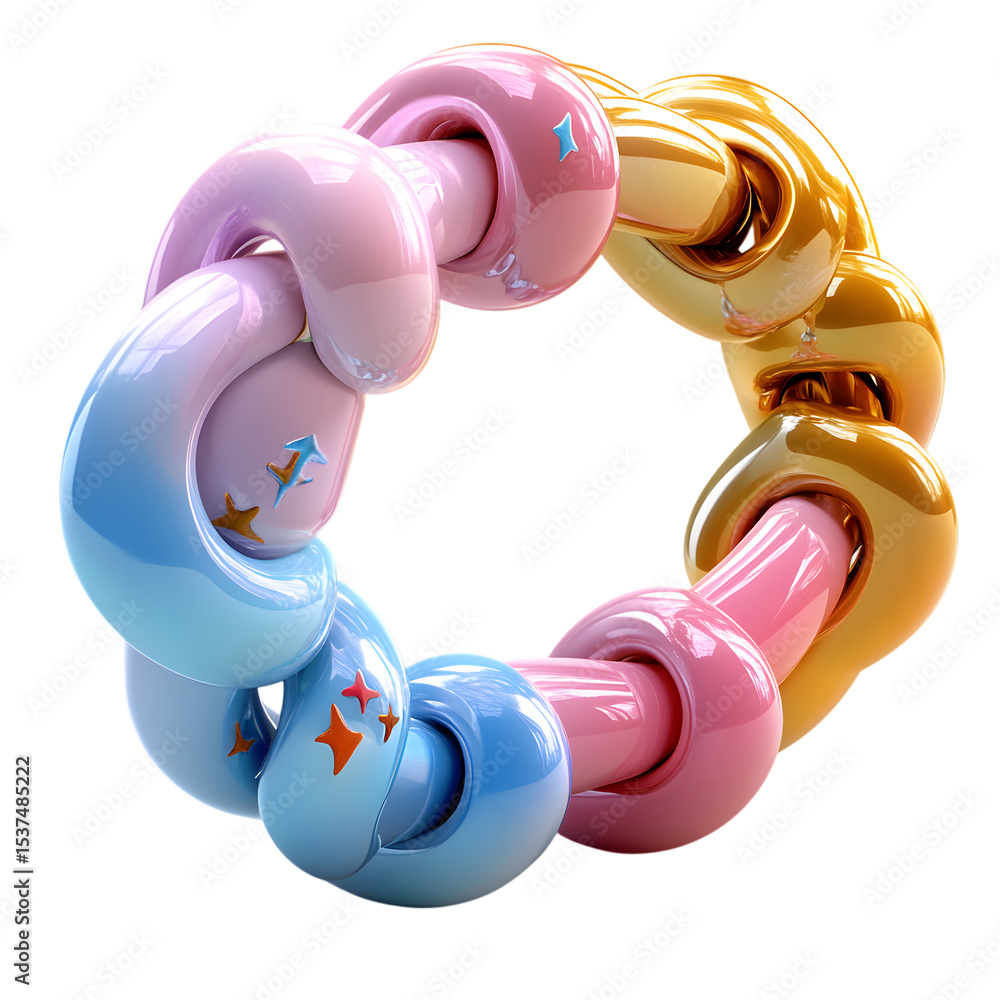 Poster a pastelcolored, intertwined chain of glossy spheres forms a circular loop, isolated on transparent 