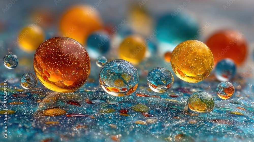 Poster vibrant water droplets and bubbles of various sizes rest on a textured surface. they reflect light b