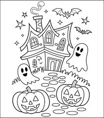 Halloween coloring page with haunted house pumpkins ghosts and bats
