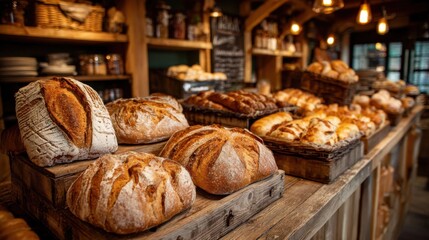A rustic bakery features an array of freshly baked artisan breads, including crusty loaves and soft rolls, presented on wooden shelves.