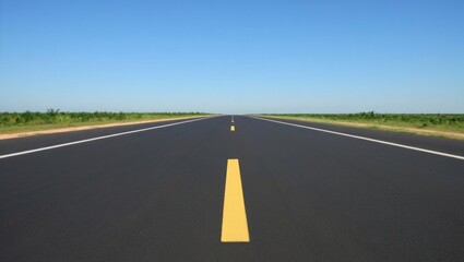 Fototapeta premium Empty countryside highway stretching forward with green fields on both sides and clear sky.