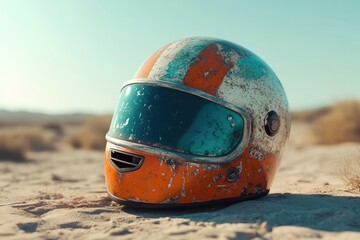 Vintage racing helmet with a weathered paint job sits on the desert sand under a clear, bright sky.