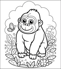 Obraz premium Cute Cartoon Gorilla in the Jungle Coloring Page for Kids