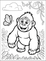 Obraz premium Cute Cartoon Gorilla in Jungle Coloring Page with Butterfly and Cloud
