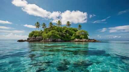 Tropical island paradise. Lush, green island with palm trees in turquoise water under a clear blue sky