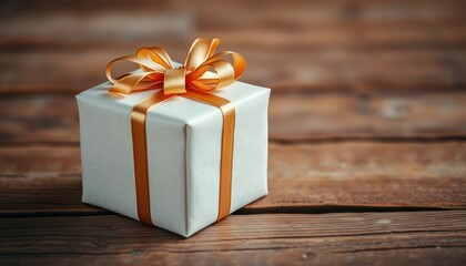 White gift box with golden ribbon on vintage wood texture background