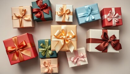 Diverse collection of gift boxes with ribbons for festive events celebrations