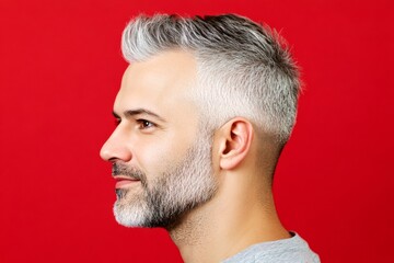Obraz premium Red solid background. Elegant men's high fade haircut - midlife middle eastern man with short hair. A chic gentleman dressed in style and confidence. Conceptual art of style for aging men.