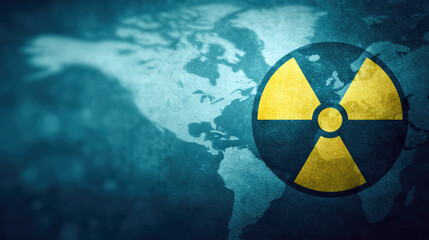 Vintage-style map of the world with radiation warning symbol indicating nuclear contamination and global risk