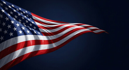 Waving American flag vector illustration with elegant folds on a dark blue background, symbolizing patriotism, independence, and national pride. Ideal for Fourth of July, Memorial Day, Veterans Day