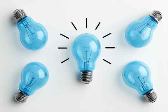 Five blue lightbulbs on white background, one central bulb radiating lines, symbolizing idea generation and brainstorming, perfect for innovation or creativity concepts